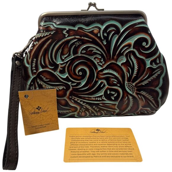 Patricia Nash Savena Wristlet Tooled Turquoise Brown Leather Kiss Lock Clutch - Picture 1 of 15